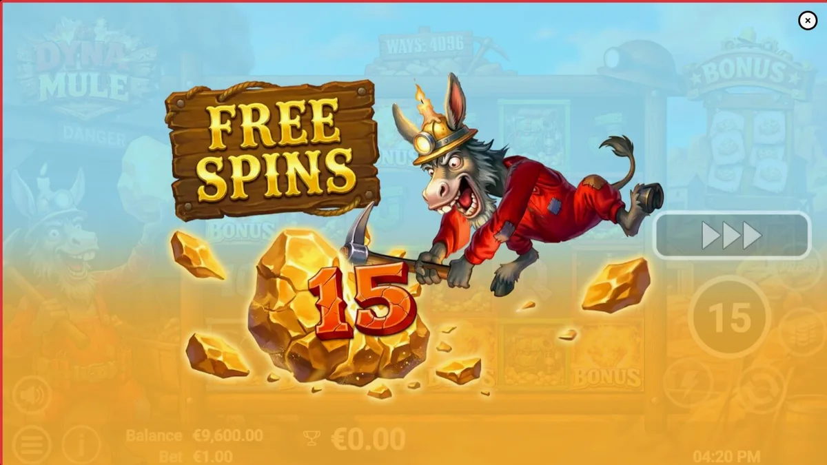 Tampilan visual slot Dyna Mule dengan tema pertambangan dan dinamit